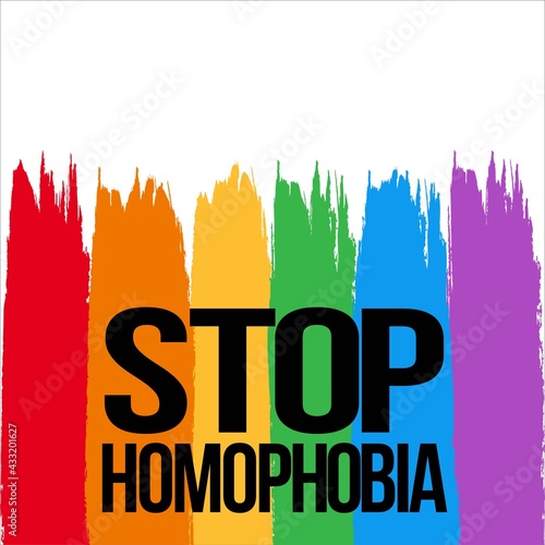 Stop Homophobia text effect in a brush stroke with LGBT flag vector illustration, Stop Homophobia, black text effect, LGBT flag, Gay and lesbian, rainbow, brush stroke.