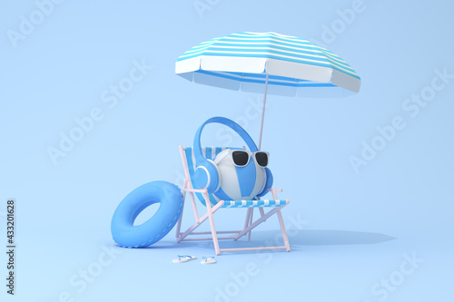 Canvas Print Conceptual scene of blue headphone on inflatable ball and beach chair, 3d rendering