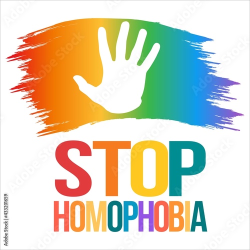 Stop Homophobia colorful text effect in with LGBT flag brush stroke and hand shape vector illustration, Stop Homophobia, colorful text effect, LGBT flag, Gay and lesbian, rainbow.