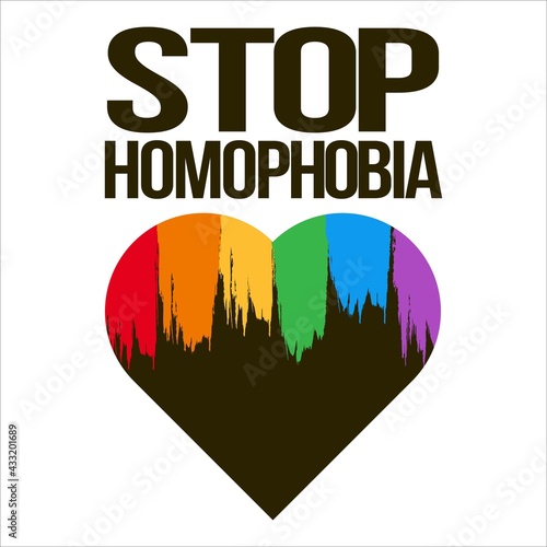Stop Homophobia black text effect in with LGBT flag brush stroke in a love shape sign vector illustration, Stop Homophobia, black text effect, LGBT flag, Gay and lesbian, rainbow, lesbian sign.