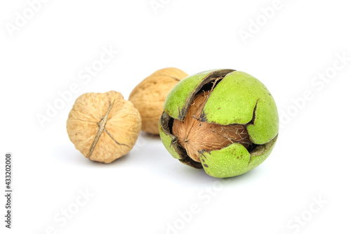 Bild auf Leinwand Walnut in cracked pericarp isolated on white background