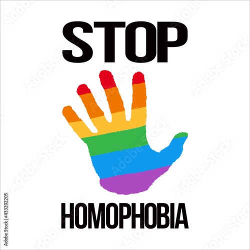 Stop Homophobia digital black text effect with LGBT flag inside hand shape brush stroke vector illustration, Stop Homophobia, black text effect, Gay and lesbian, brush stroke, hand shape.