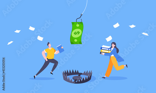 Fishing money chase business concept with business people running after dangling dollar and trying to catch it. Working hard and always busy in the loop routine flat style design vector illustration.