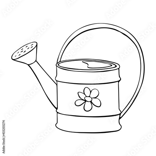 Watering can with flower in hand drawn doodle style isolated on white background. Vector outline illustration. Tools for working on the farm, in the dacha, country