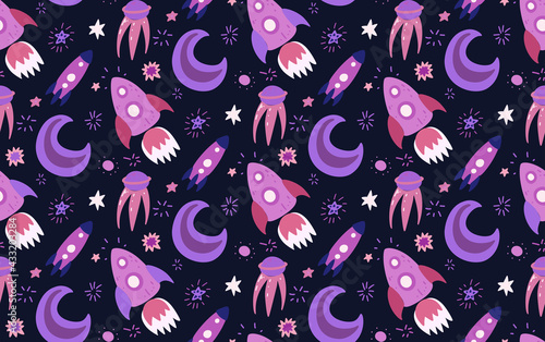 Seamless childish cosmos pattern with stars, moon, shuttle and satellite on dark violet background. Vector cartoon texture of the universe with dots. Vector hand drawn wallpaper of space