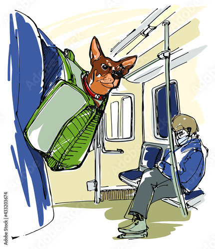 A small dog riding in a backpack. Subway car hand drawn sketch