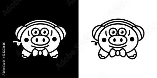 Line art logo of cute pig wearing earphones