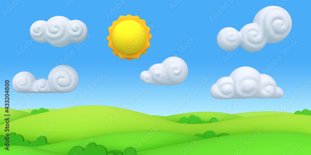 Stylized funny cartoon green summer landscape with trees, sun and clouds. Bright design composition panorama. Children clay, plastic or soft toy. Colorful 3d illustration. Stylized funny cartoon green summer landscape with trees, sun and clouds. Bright design composition panorama. Children clay, plastic or soft toy. Colorful 3d illustration.