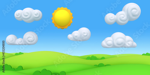 Stylized funny cartoon green summer landscape with trees, sun and clouds. Bright design composition panorama. Children clay, plastic or soft toy. Colorful 3d illustration.