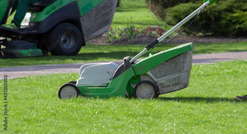 Fototapeta premium Lawn mower on the lawn. The gardener works in the garden. Mowing the overgrown grass on the lawn.