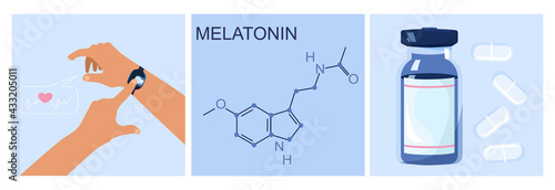 Controlling quality of sleep illustrations set.Melatonin hormone chemical formula.Pills against insomnia.Hands with tracker.Check heart beating.Dream or slumber disorder. Healthcare. Night time.Vector
