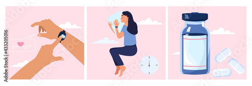 Controlling quality of sleep illustrations set.Woman lying in bed.Melatonin hormone.Pills against insomnia.Sedative capsules.Hands with tracker.Check heart beating.Slumber disorder.Healthcare.Vector