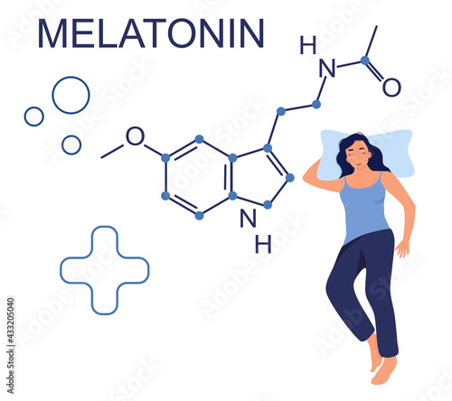 Melatonin hormone chemical formula.Insomnia concept.Night time and sleep disorder. Health care. Addiction of pills,hypochondria.Stress, nervous strain.Woman lying in bed. Vector. Blue color