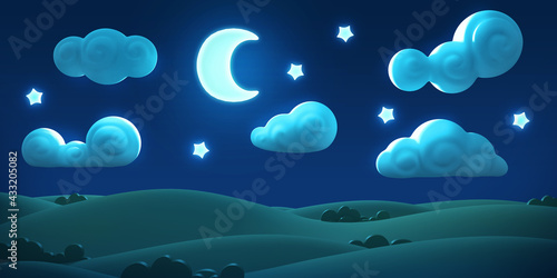Fototapeta Naklejka Na Ścianę i Meble -  Stylized funny cartoon night summer landscape with trees, moon, star and clouds. Bright design composition panorama. Children clay, plastic or soft toy. Colorful 3d illustration.