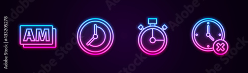 Set line Clock AM, , Stopwatch and delete. Glowing neon icon. Vector