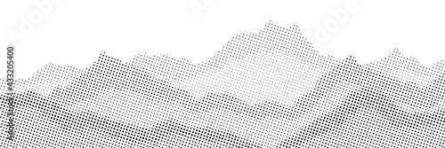 Imitation of a mountain landscape, banner, shades of gray. Vector halftone dots background, fading dot effect. 