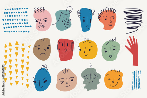 Set with emotions and decorative elements. Abstract drawn faces based on geometric shapes. Flat design. Bright cartoon characters.