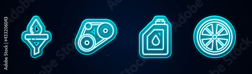 Set line Funnel and oil drop, Timing belt kit, Canister for motor and Alloy wheel. Glowing neon icon. Vector