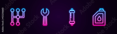 Set line Gear shifter, Wrench spanner, Shock absorber and Canister for motor oil. Glowing neon icon. Vector