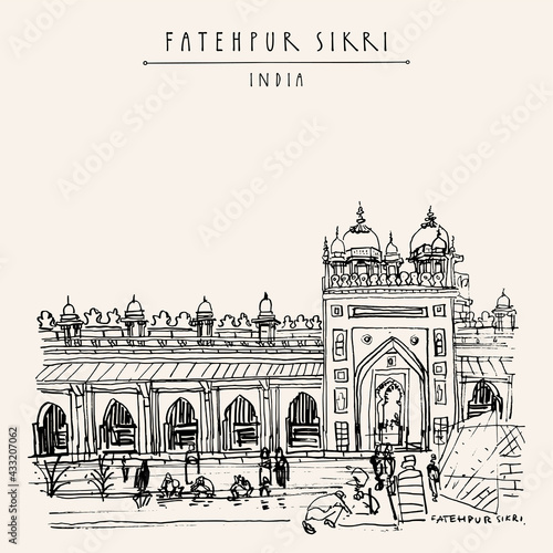 Vector Fatehpur Sikri postcard. Agra District of Uttar Pradesh, India. Shahi Darwaza of the Jama Masjid mosque. Historical landmark sketch. Vintage hand drawn travel postcard