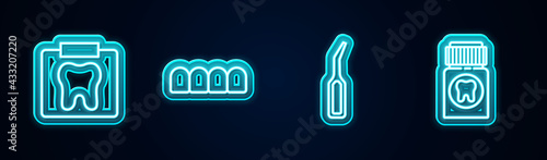 Set line X-ray of tooth, Dentures model, Dental explorer scaler and Painkiller tablet. Glowing neon icon. Vector