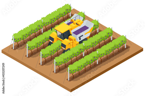 Isometric Mechanical Grape Harvester works by beating the vine with rubber sticks to get the vine to drop its fruit onto a conveyor belt that brings the fruit to a holding bin. Agricultural work