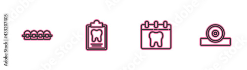 Set line Teeth with braces, Calendar tooth, Dental card and Otolaryngological head reflector icon. Vector