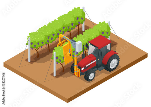 Isometric Mechanical Grape Harvester works by beating the vine with rubber sticks to get the vine to drop its fruit onto a conveyor belt that brings the fruit to a holding bin. Agricultural work