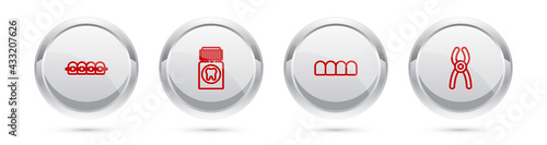 Set line Teeth with braces, Painkiller tablet, Dentures model and Dental pliers. Silver circle button. Vector
