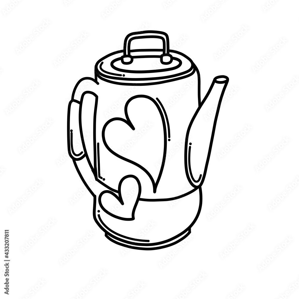 Obraz premium Teapot with heart Doodle vector icon. Drawing sketch illustration hand drawn cartoon line eps10