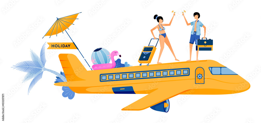 Man and woman boarding a plane for vacation to tropical island beach. Couple honeymoon period during summer vacation. Illustration can be used for landing page, banner, website, web, poster, brochure Man and woman boarding a plane for vacation to tropical island beach. Couple honeymoon period during summer vacation. Illustration can be used for landing page, banner, website, web, poster, brochure