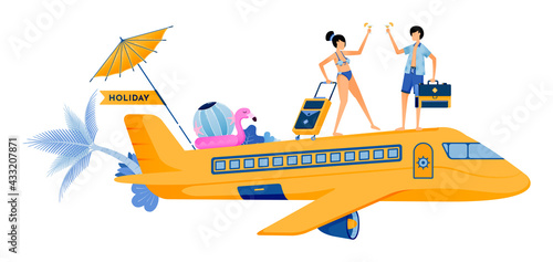 Man and woman boarding a plane for vacation to tropical island beach. Couple honeymoon period during summer vacation. Illustration can be used for landing page, banner, website, web, poster, brochure