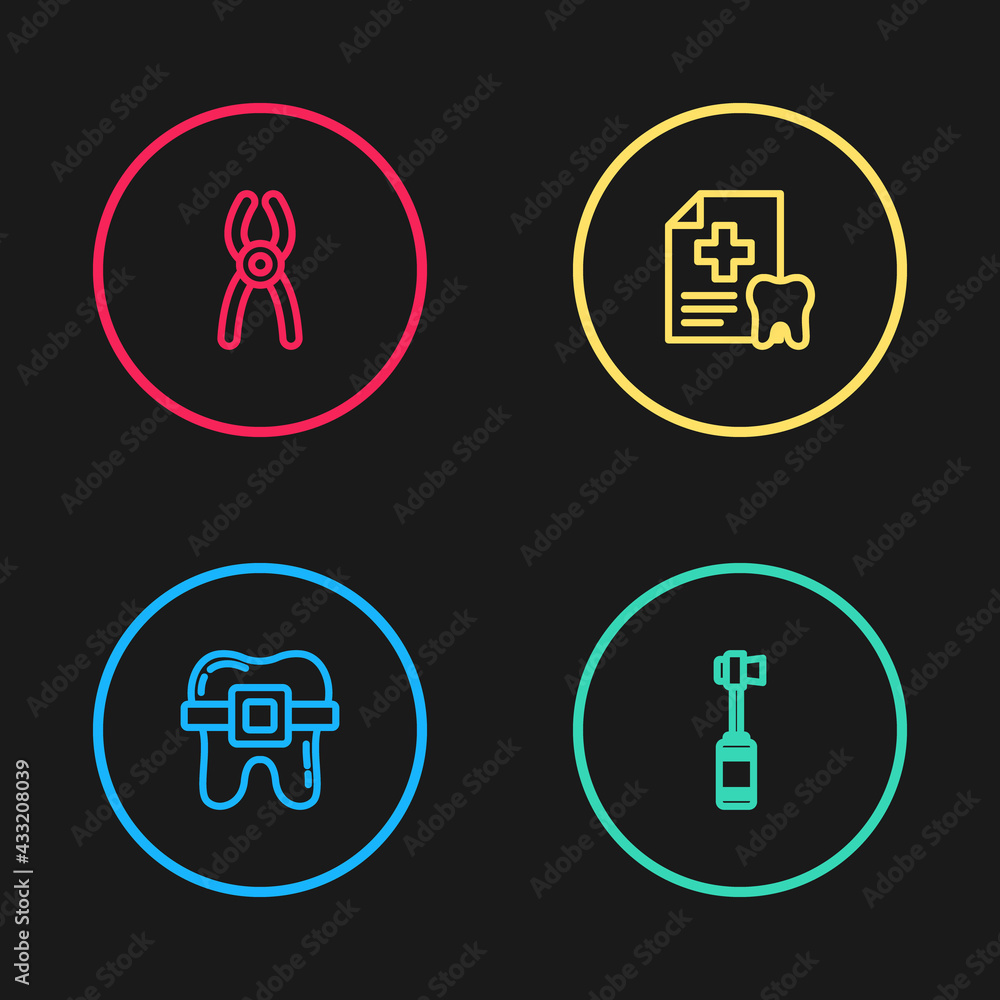 Set line Teeth with braces, Toothbrush, Dental card and pliers icon. Vector