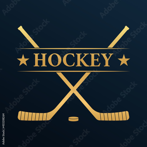 Ice hockey club logo or badge with crossed hockey sticks and a puck. Vector illustration.