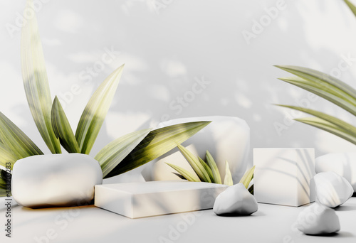 3D render podium  showcase on light white background with shadows in green tropical leaves of plants. Abstract natural organic background for advertising products  spa body care  relaxation  health.