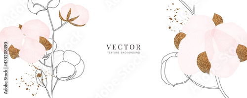 minimal background in pink cotton flowers and tropical summer leaf with golden metallic texture gallery wall art vector 