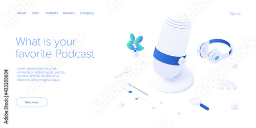 Podcast application concept in isometric vector illustration. Digital broadcasting or online streaming service via smartphone. Web banner layout template.
