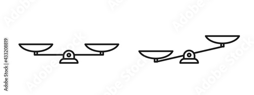 Line mechanical scales balance icon set isolated on white. Justice, law scale.