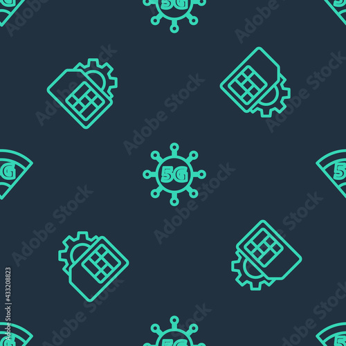 Set line 5G network, Sim card setting and on seamless pattern. Vector