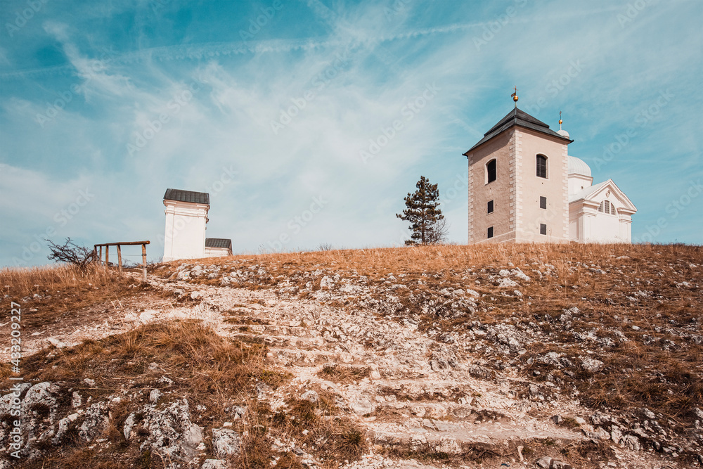 Fototapeta premium Holy Hill dominant landmark in Mikulov. Chapel of Saint Sebastian, bell tower and Holy Sepulchre