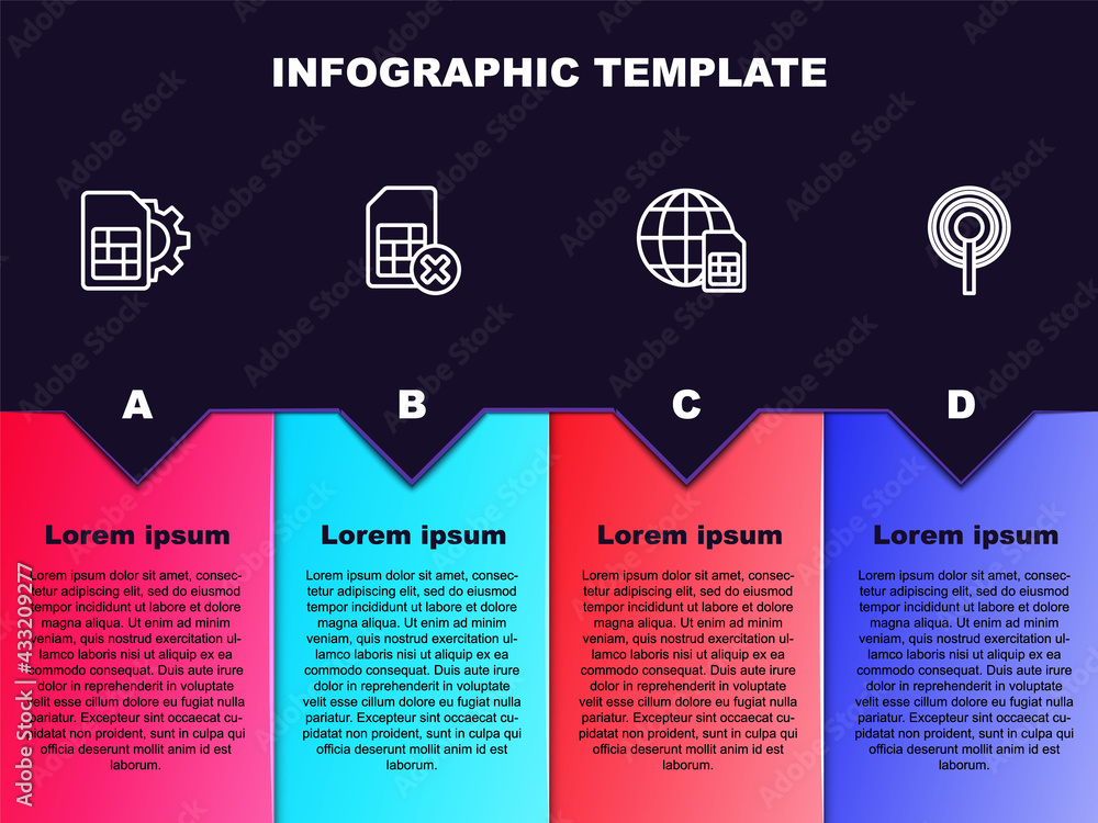 Set line Sim card setting, rejected, Globe 5G Card and Antenna. Business infographic template. Vector Set line Sim card setting, rejected, Globe 5G Card and Antenna. Business infographic template. Vector