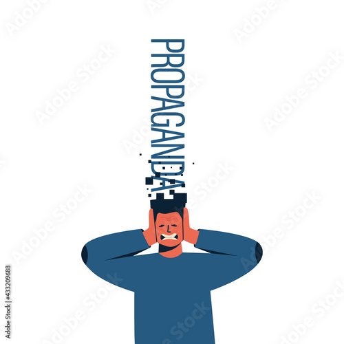 Propaganda concept, influence and control of public opinion. Man closes his ears. Emotion of anger or fear. Too much information. Vector flat illustration isolated on white background.