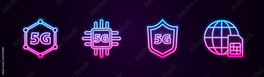 Set line 5G network, Processor, Protective shield and Globe Sim Card. Glowing neon icon. Vector Set line 5G network, Processor, Protective shield and Globe Sim Card. Glowing neon icon. Vector