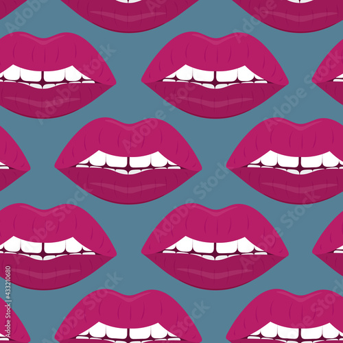 Plump lips. The seductive mouth is slightly open. Repeating vector pattern. Seamless seductive ornament. Endless background of kisses. Isolated pink background. Flat style. 