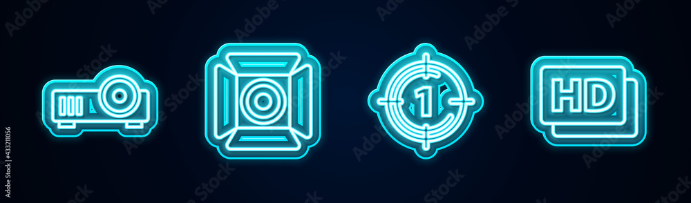 Set line Media projector, Movie spotlight, Old film movie countdown frame and Hd movie, tape,. Glowing neon icon. Vector Set line Media projector, Movie spotlight, Old film movie countdown frame and Hd movie, tape,. Glowing neon icon. Vector