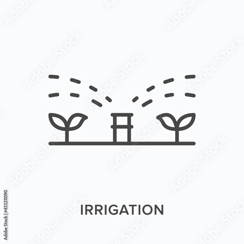 Irrigation flat line icon. Vector outline illustration of automatic grass sprinkler. Black thin linear pictogram for garden sprayer