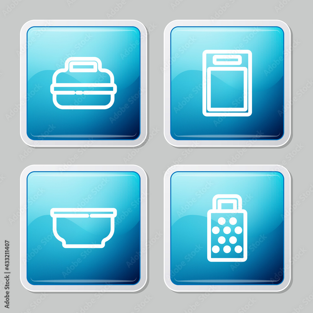 Set line Cooking pot, Cutting board, Bowl and Grater icon. Vector Set line Cooking pot, Cutting board, Bowl and Grater icon. Vector