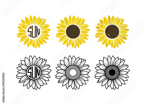 Sunflowers set, Sunflower monogram frame, Yellow sunflower with brown center, Sunflower outline