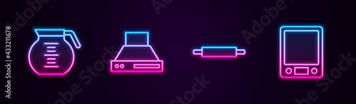 Set line Coffee pot, Kitchen extractor fan, Rolling pin and Electronic scales. Glowing neon icon. Vector