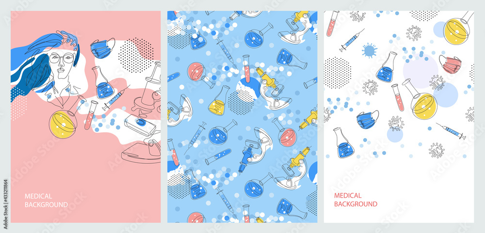 Medical background. Microscope, syringe, test tubes, mask. Laboratory research. Medical background. Microscope, syringe, test tubes, mask. Laboratory research.
